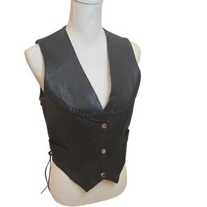 UNIK 90s Y2K Vintage Women's Leather Biker Vest‎ Black Button Lace Up Size Small